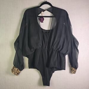 NWT Cacique Sexy Sheer Bodysuit Black Lace Leopard Sleeve 18/20 Plus